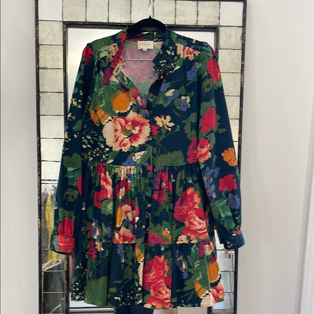Sezane Floral Long Sleeve Tiered Mini Dress in Navy with Multicolor Blooms